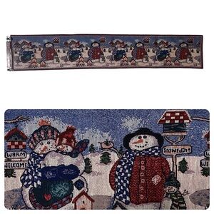 Christmas Tapestry Vintage Table Runner 68” x 13” Snowman Christmas Bird House